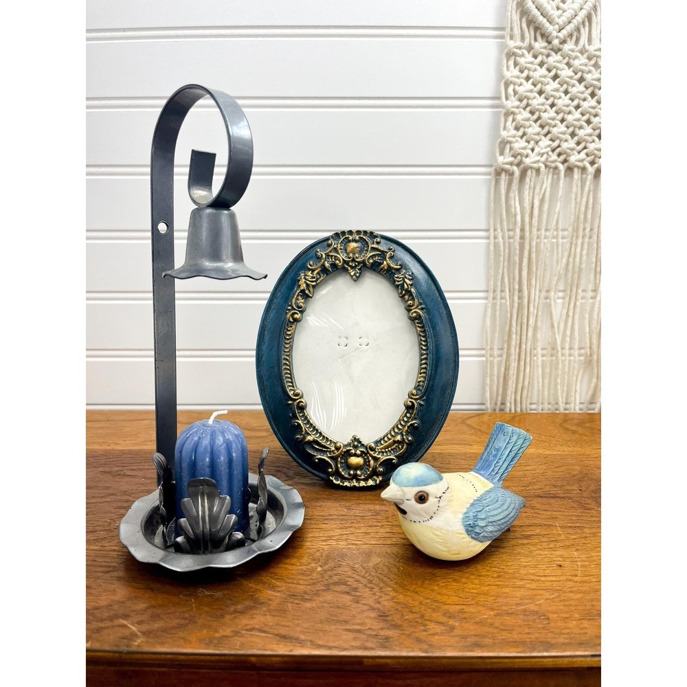 Vintage Blue Vignette Set: Floral Frame, Candle Holder, Bird Figurine